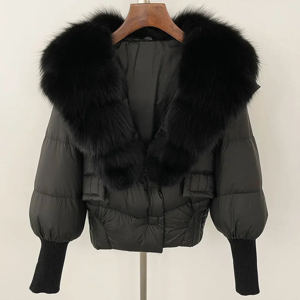 winter women's white duck down jacket with real raccoon fox fur collar loose fit coat