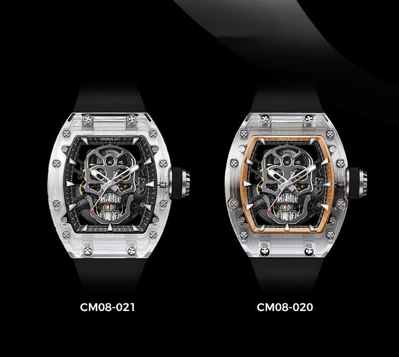 Two watches with transparent cases on a black background