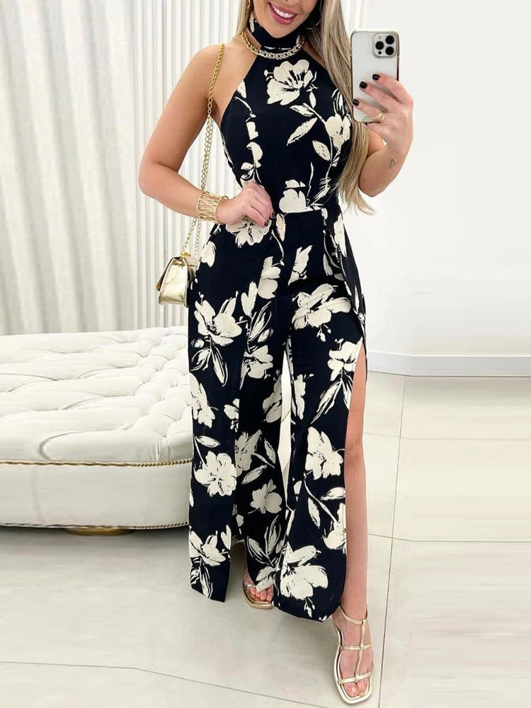 Tropical Print Halter Top & Slit Skirt Set