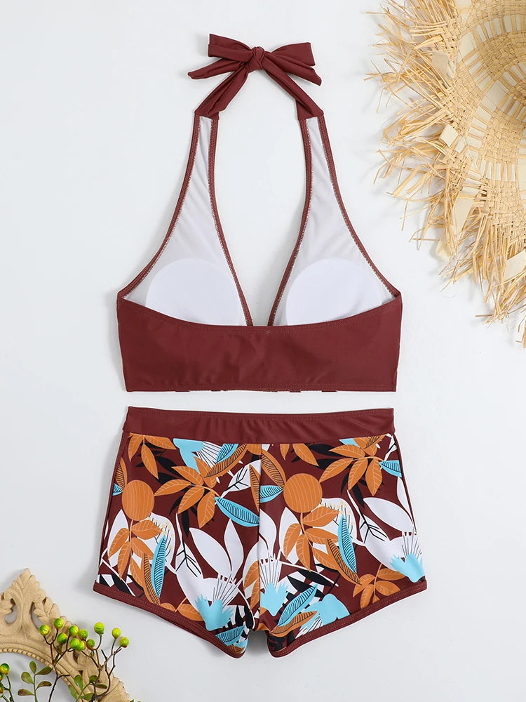 Bikini set short swimsuit women high waist swimwear printed beachwear