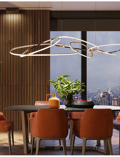 modern rose gold LED chandelier, irregular rings, for living and dining rooms, kitchen hanging lights luminaire