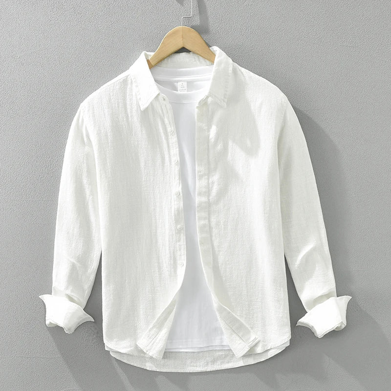 high classic Cotton Linen Shirt for Men Breathable Loose Long Sleeve Shirts