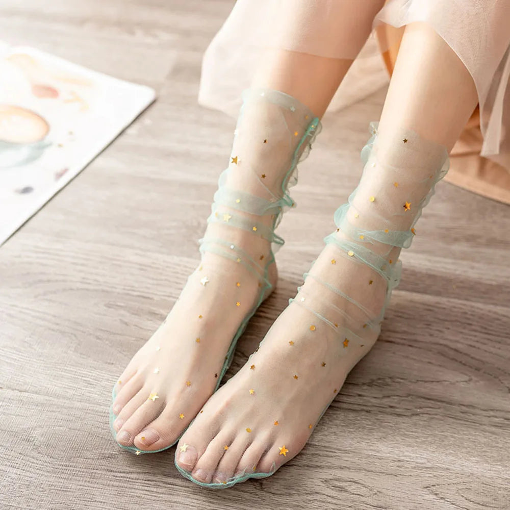 Girls Lace Nylon Socks Colorful Star  Transparent Socks