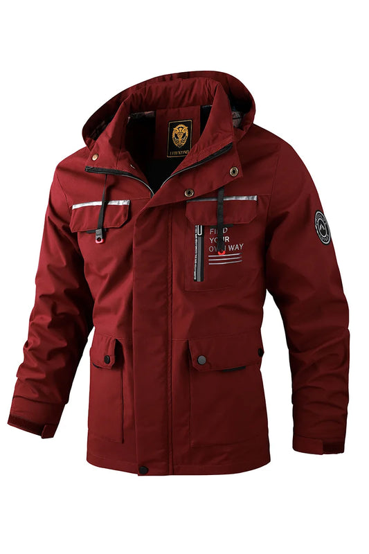 Red jacket with patches on a white background
