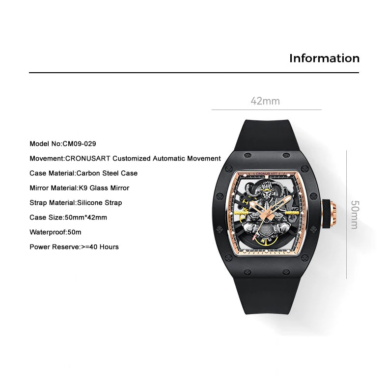 Black watch with detailed specifications on a white background
