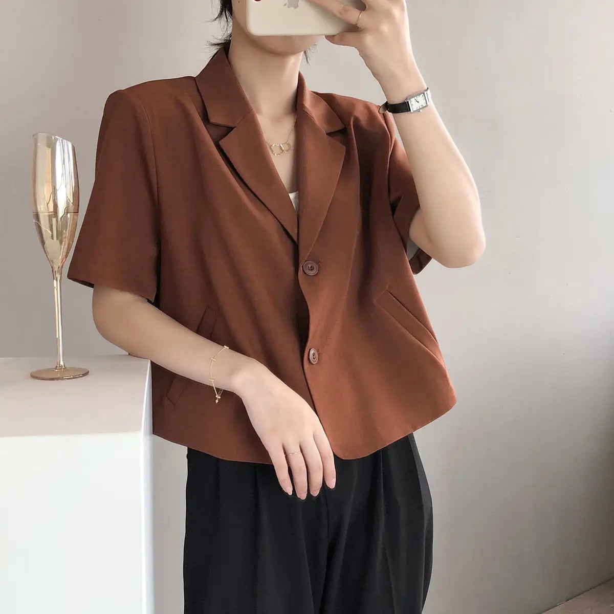 suit top women thin jacket outerwears casual short sleeve blazers solid cotton coats