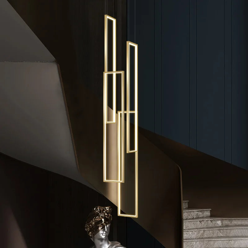 modern led pendant light, minimalist rectangular chandelier, black/gold, for staircases and living rooms