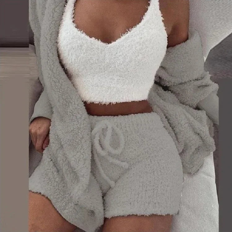 women's 3-piece pajama set  - crop top, pants & coat