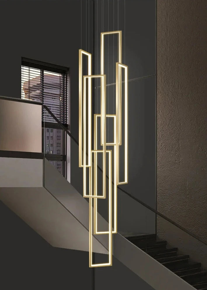 modern led pendant light, minimalist rectangular chandelier, black/gold, for staircases and living rooms