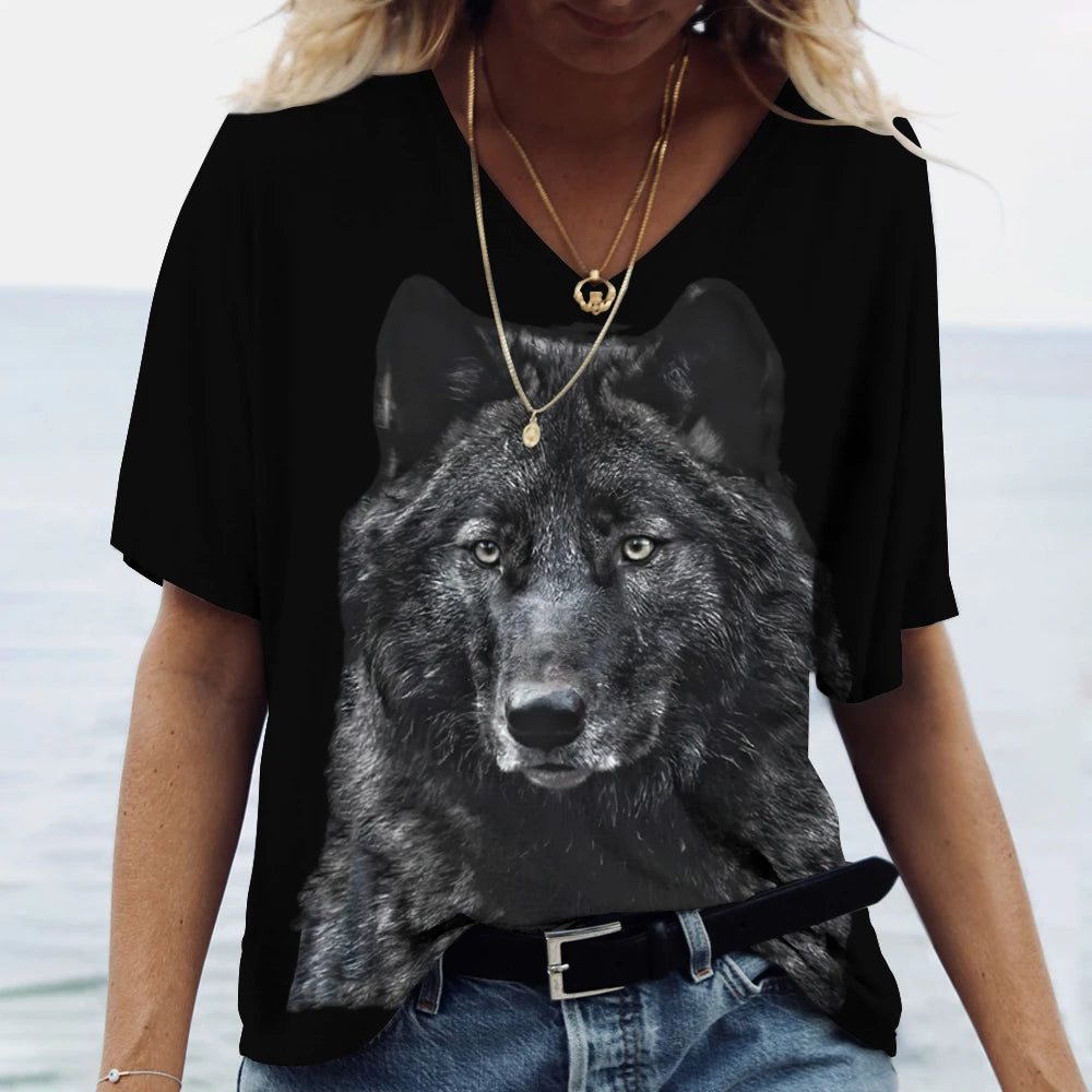 Unisex t-shirt featuring a 3D print of a wolf among many designs