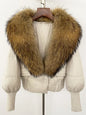 winter women's white duck down jacket with real raccoon fox fur collar loose fit coat