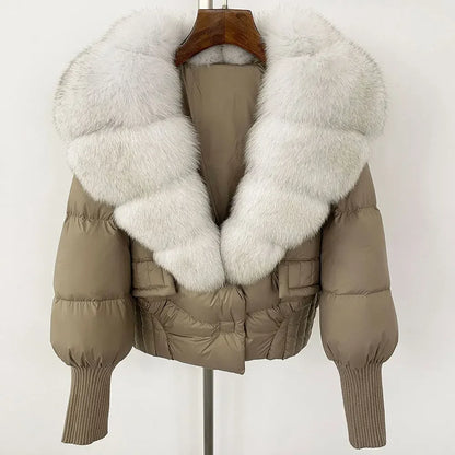 winter women's white duck down jacket with real raccoon fox fur collar loose fit coat