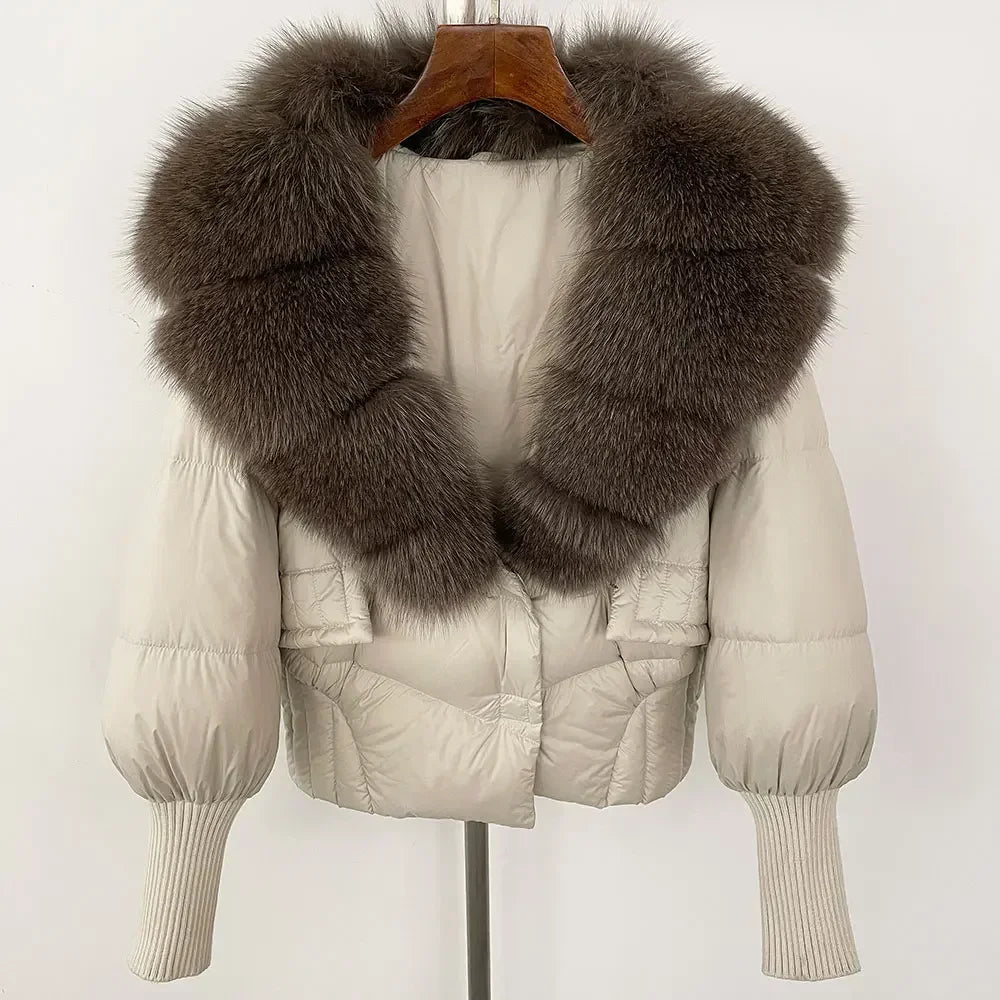 winter women's white duck down jacket with real raccoon fox fur collar loose fit coat