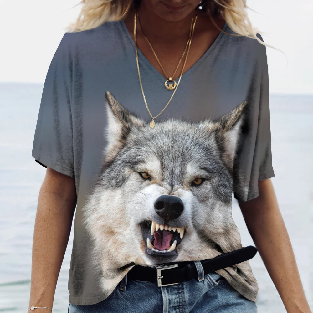 Unisex t-shirt featuring a 3D print of a wolf among many designs