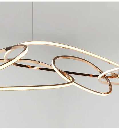 modern rose gold LED chandelier, irregular rings, for living and dining rooms, kitchen hanging lights luminaire