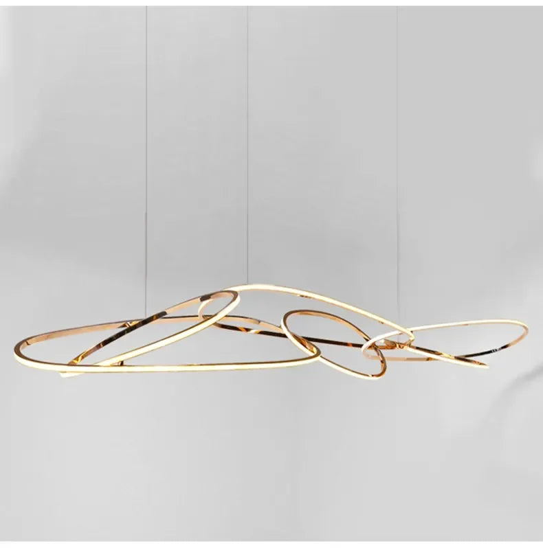 modern rose gold LED chandelier, irregular rings, for living and dining rooms, kitchen hanging lights luminaire