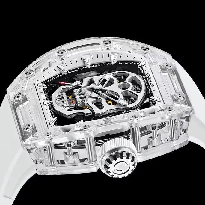 Close-up of a high-end watch with transparent case and visible mechanical components.