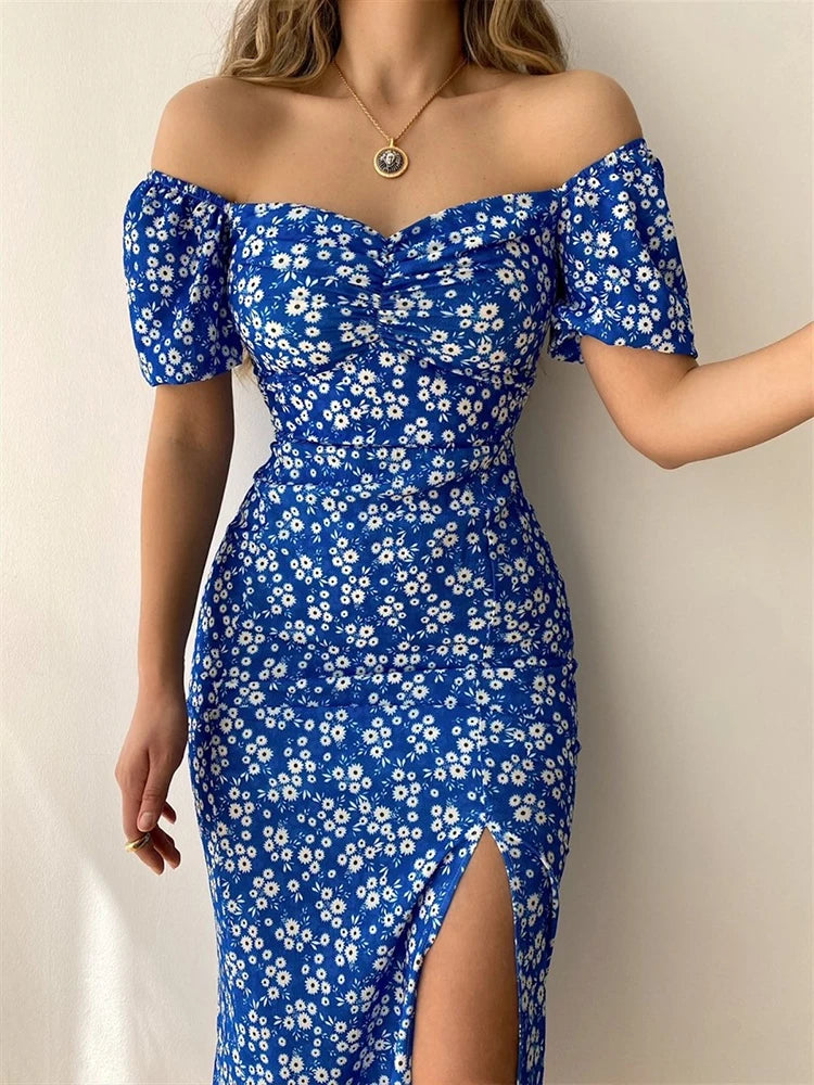 floral fantasy short sleeve party dress chic off-shoulder backless