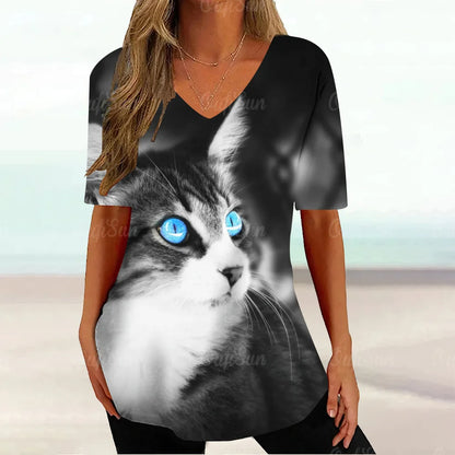 Cat Graphic T Shirt For Women Painting Print Loose Clothing