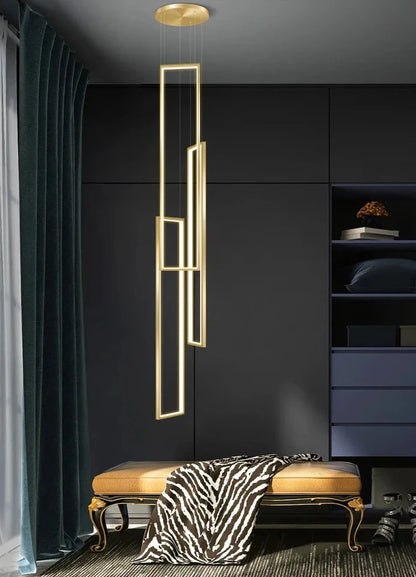 modern led pendant light, minimalist rectangular chandelier, black/gold, for staircases and living rooms