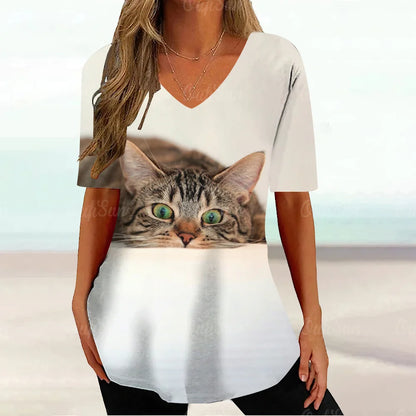 Cat Graphic T Shirt For Women Painting Print Loose Clothing