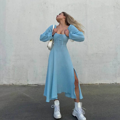 Lace-up square collar dress for women, with lantern sleeves, perfect for streetwear