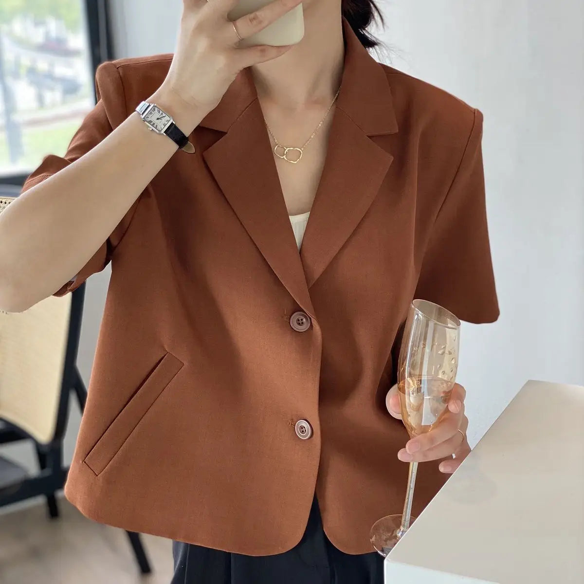 suit top women thin jacket outerwears casual short sleeve blazers solid cotton coats