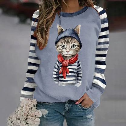 Cotton Long Sleeve T-Shirts For Women Funny  Cat Animals Print Sweatshirts F