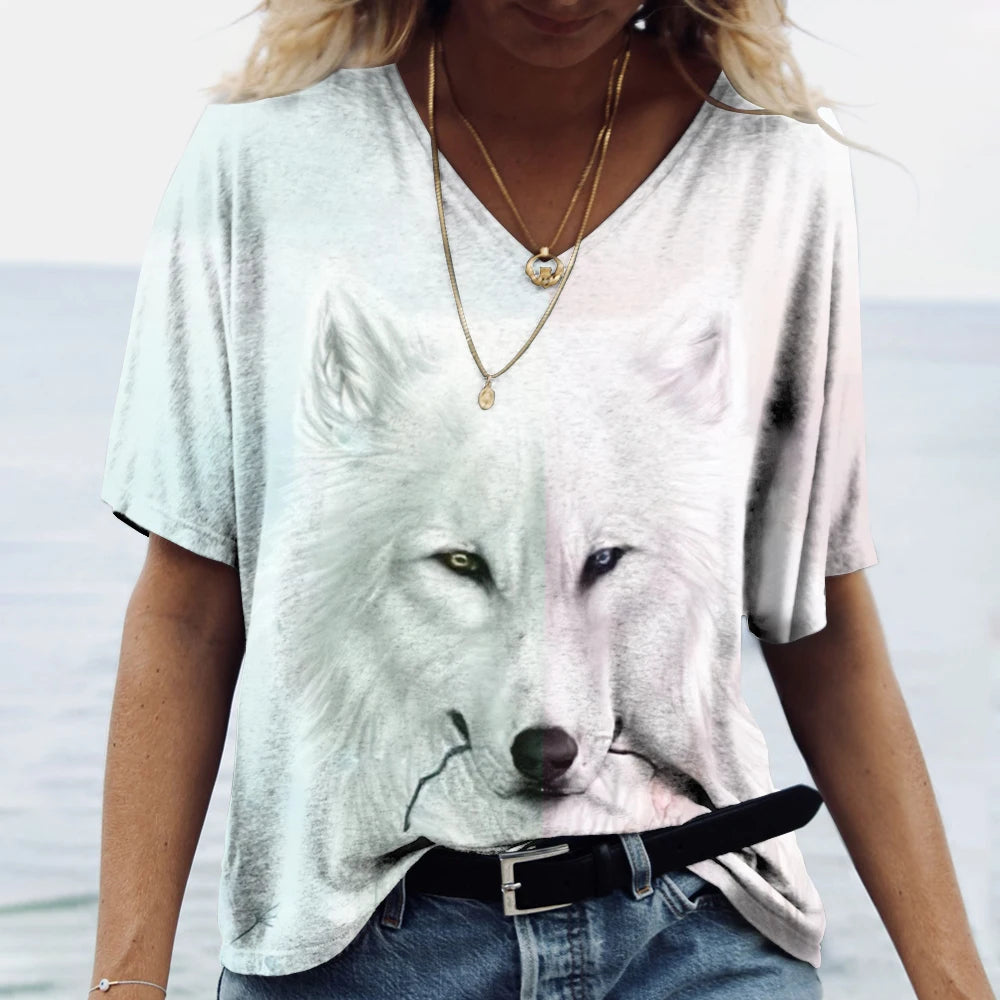 Unisex t-shirt featuring a 3D print of a wolf among many designs