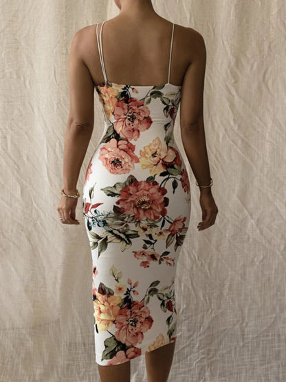 Vintage Floral Print Slim Bodycon Maxi Dress - Sleeveless Strap Elegant Club Party  for Women