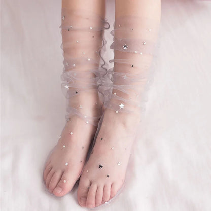 Girls Lace Nylon Socks Colorful Star  Transparent Socks