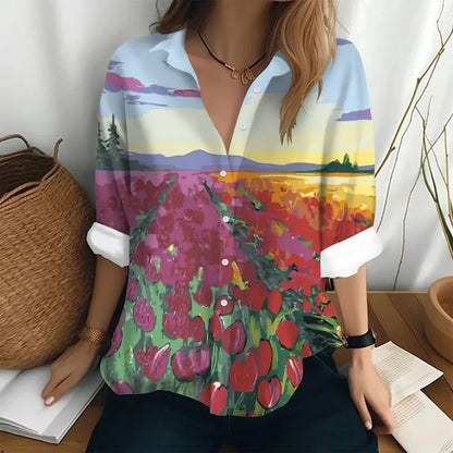 women sleeve t-shirt figure print loose button style