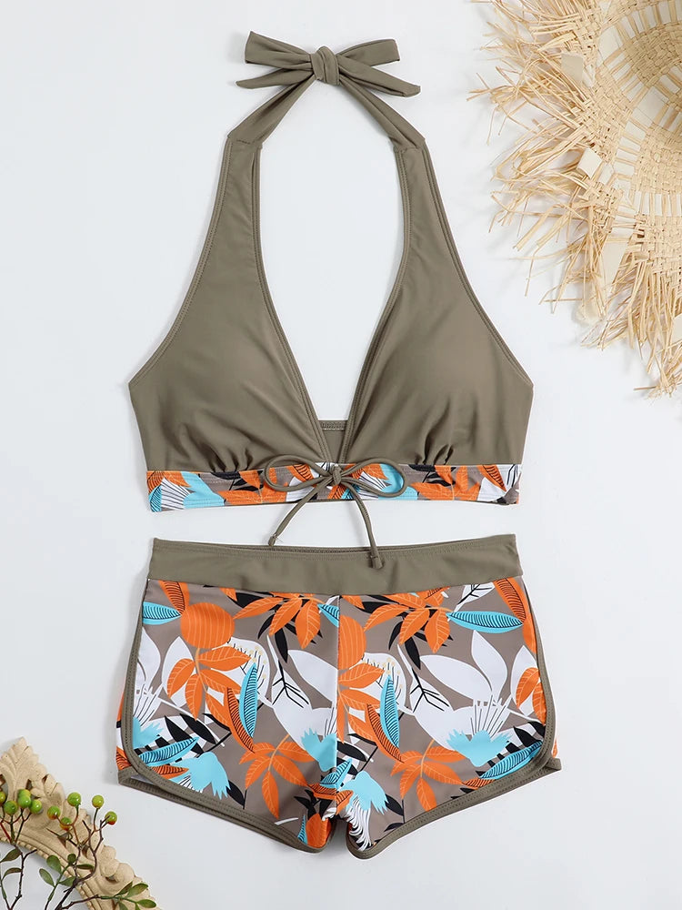 Bikini set short swimsuit women high waist swimwear printed beachwear