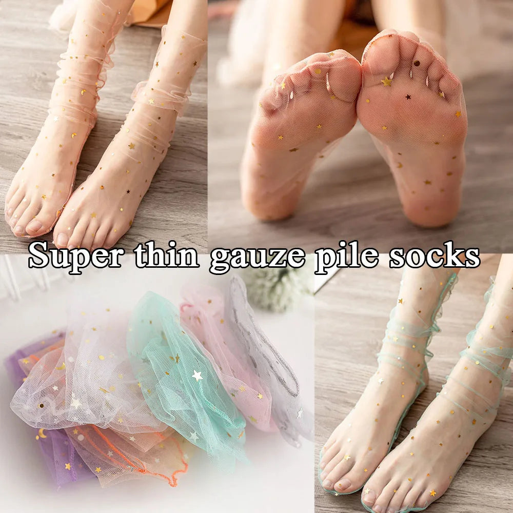 Girls Lace Nylon Socks Colorful Star  Transparent Socks