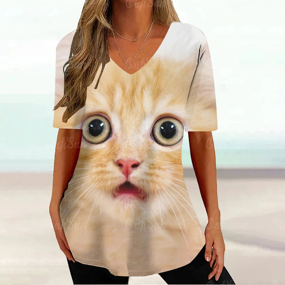 Cat Graphic T Shirt For Women Painting Print Loose Clothing