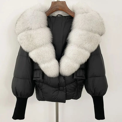 winter women's white duck down jacket with real raccoon fox fur collar loose fit coat