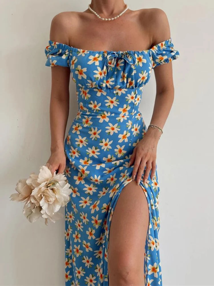 floral fantasy short sleeve party dress chic off-shoulder backless