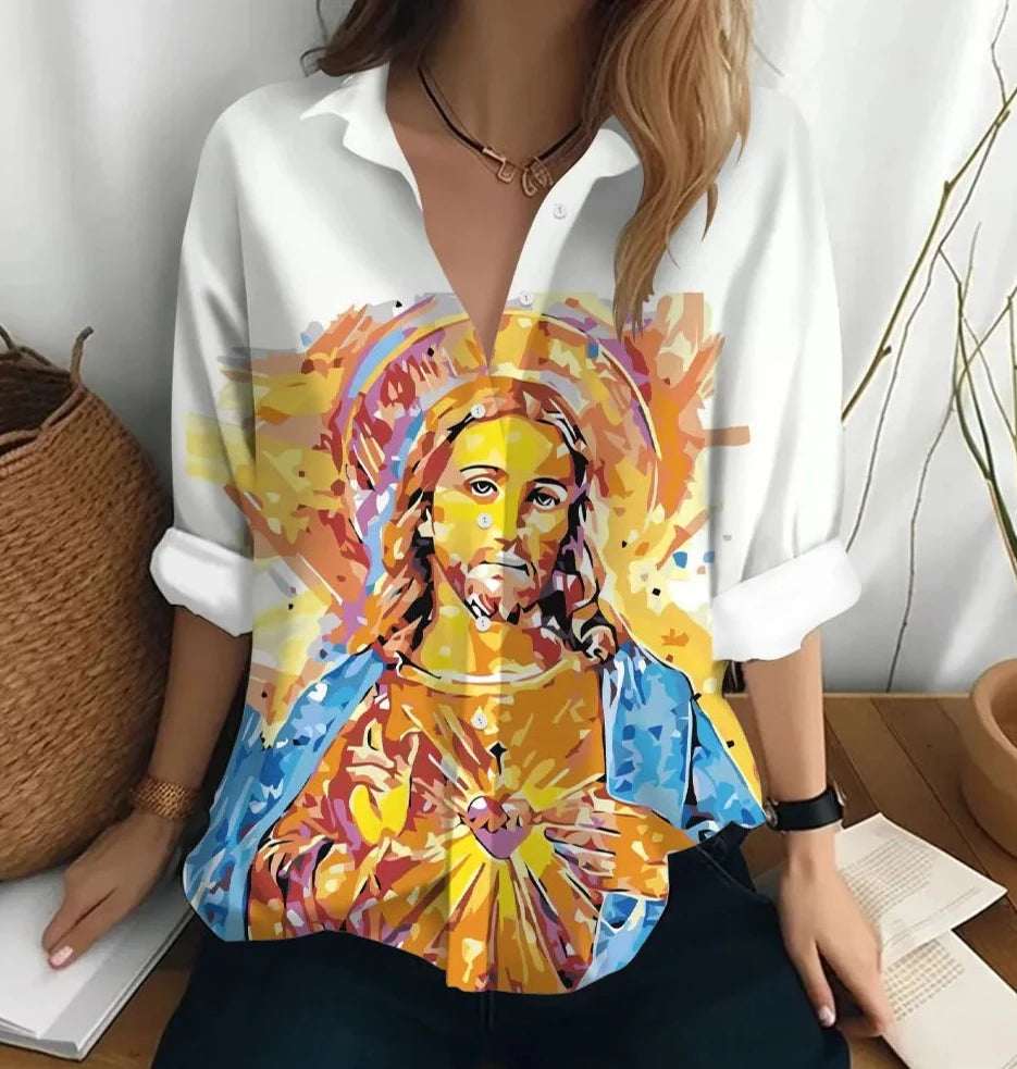 women sleeve t-shirt figure print loose button style