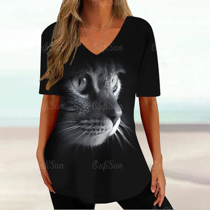 Cat Graphic T Shirt For Women Painting Print Loose Clothing