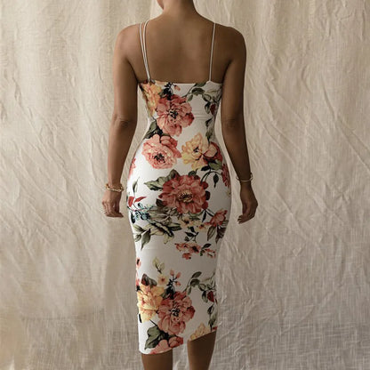 Vintage Floral Print Slim Bodycon Maxi Dress - Sleeveless Strap Elegant Club Party  for Women