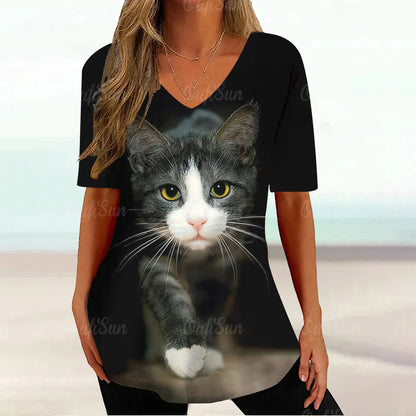 Cat Graphic T Shirt For Women Painting Print Loose Clothing