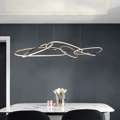 modern rose gold LED chandelier, irregular rings, for living and dining rooms, kitchen hanging lights luminaire