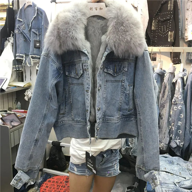 Limited availability Real Fox fur thick warm denim parkas female winter coat