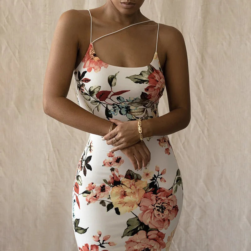 Vintage Floral Print Slim Bodycon Maxi Dress - Sleeveless Strap Elegant Club Party  for Women