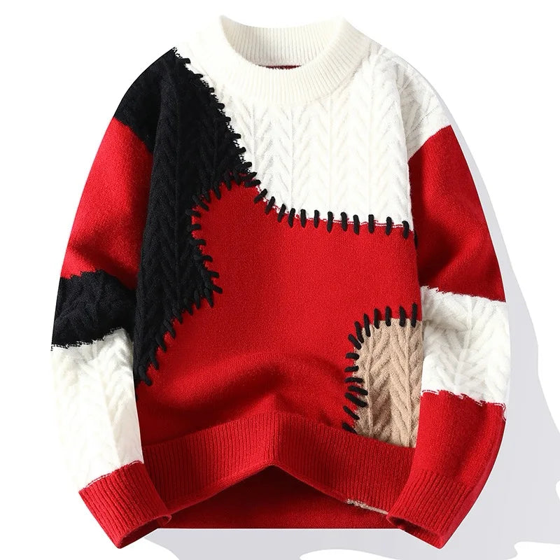 winter fashion patchwork sweater, thick and warm, streetwear style, loose sweater