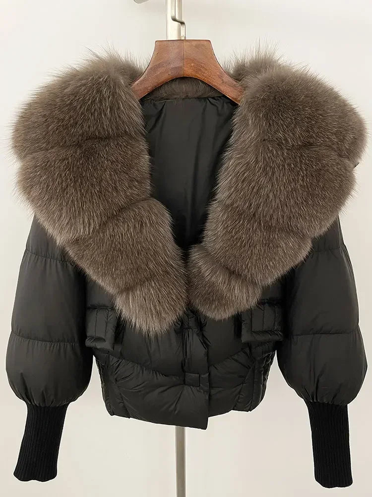 winter women's white duck down jacket with real raccoon fox fur collar loose fit coat