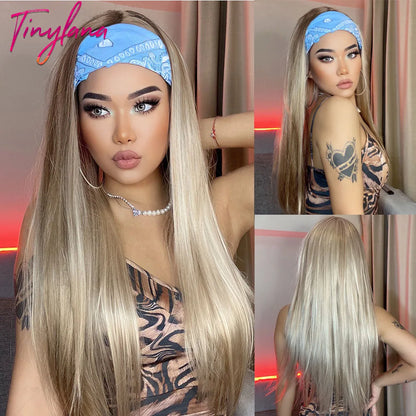 Long Straight Headband Wig Light Blonde Brown Women's  Wigs