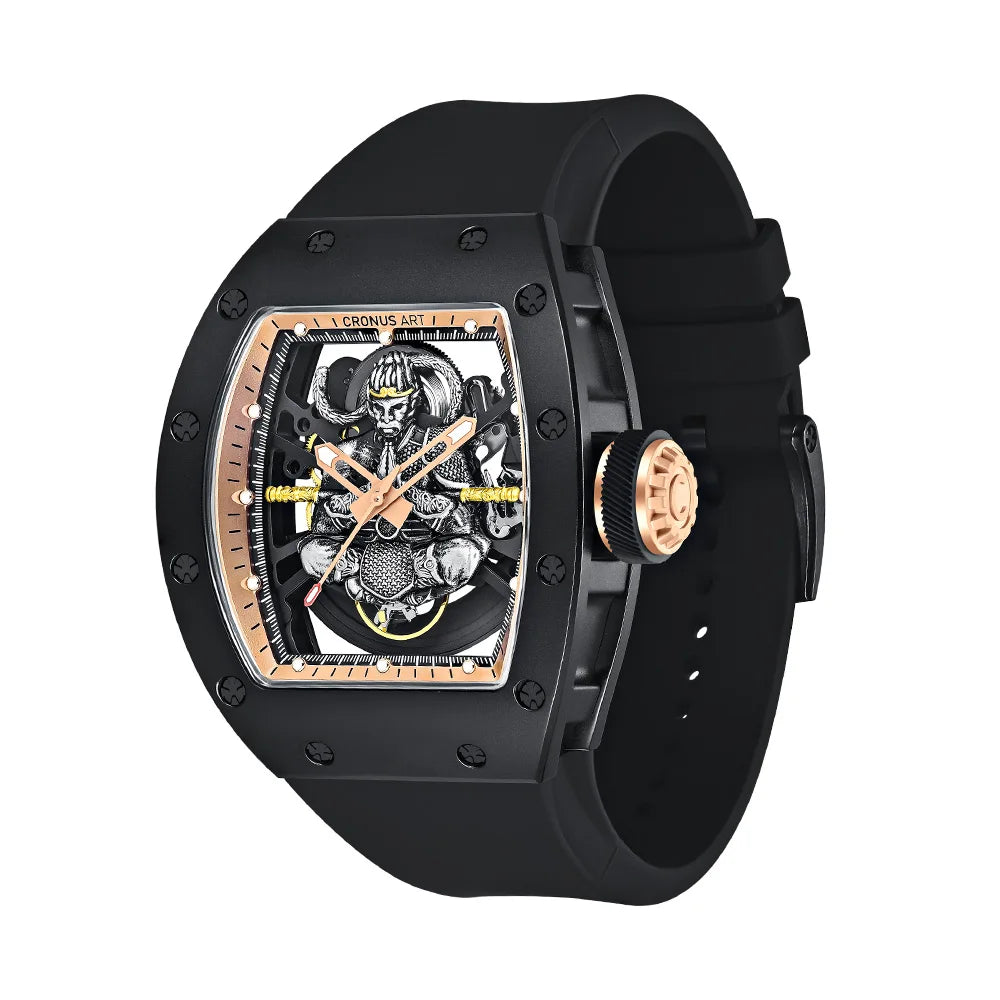 Luxury watch with black case and strap on a white background