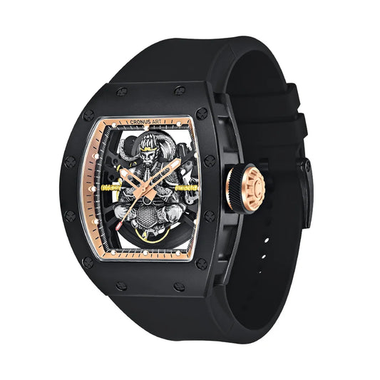 Luxury watch with black case and strap on a white background