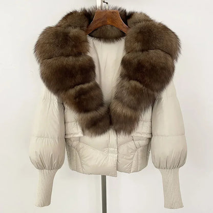 winter women's white duck down jacket with real raccoon fox fur collar loose fit coat